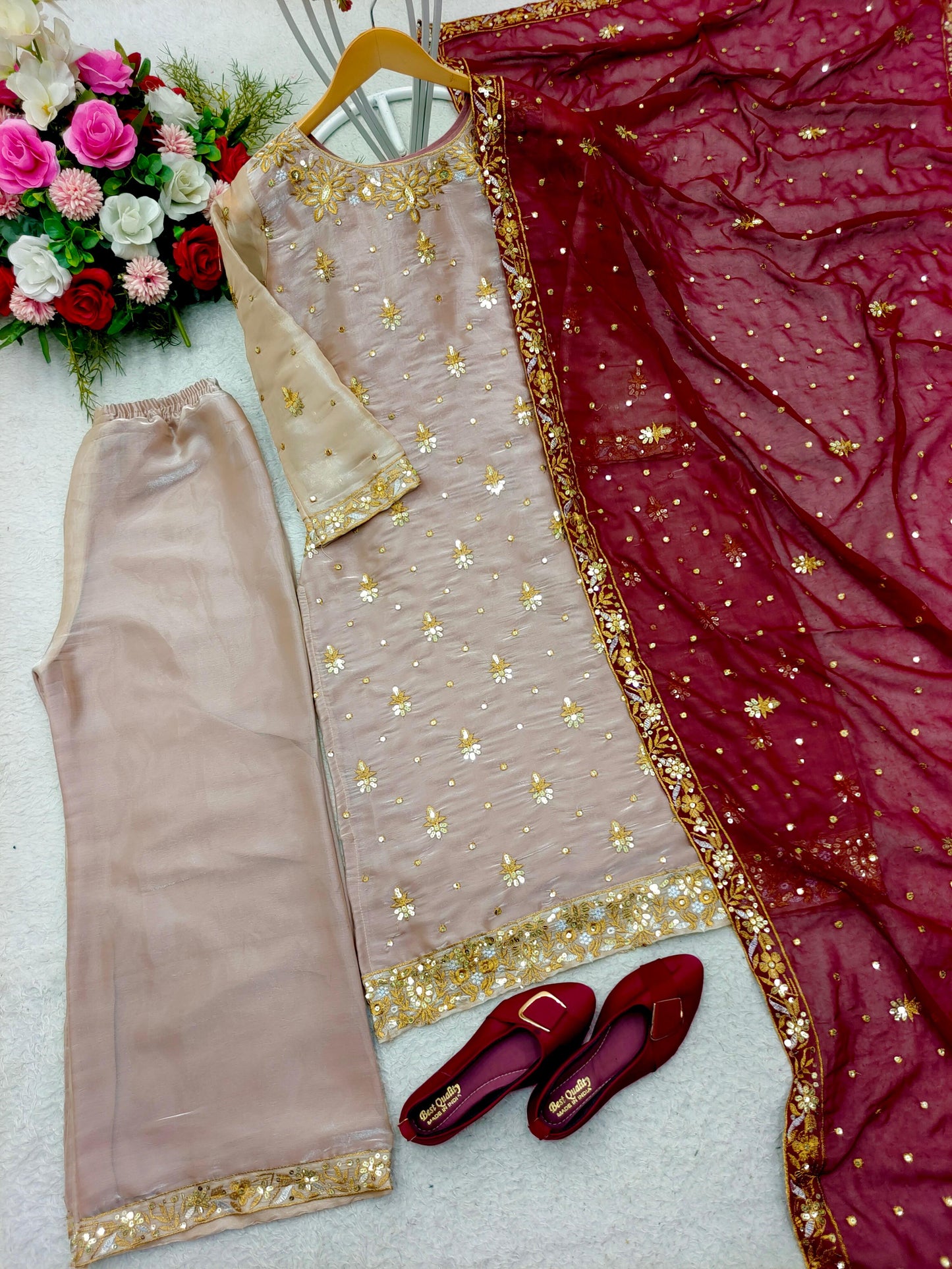 Pink Elegant Top-Palazzo With Dupatta Set