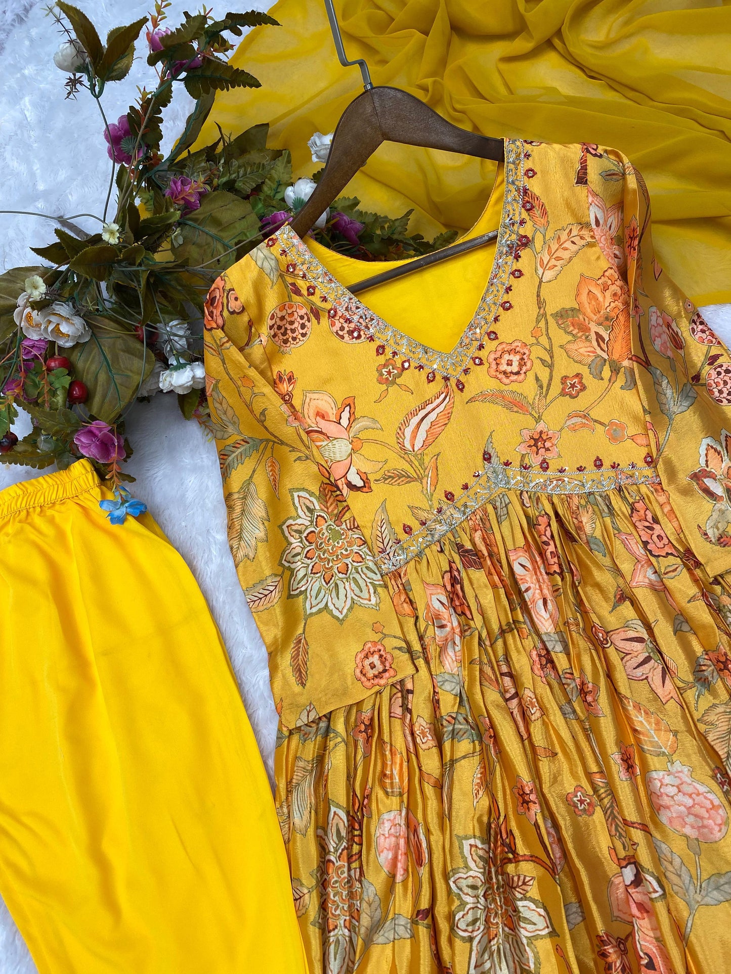 Mustard Aliya Cut Chinon Suit with Pant & Dupatta