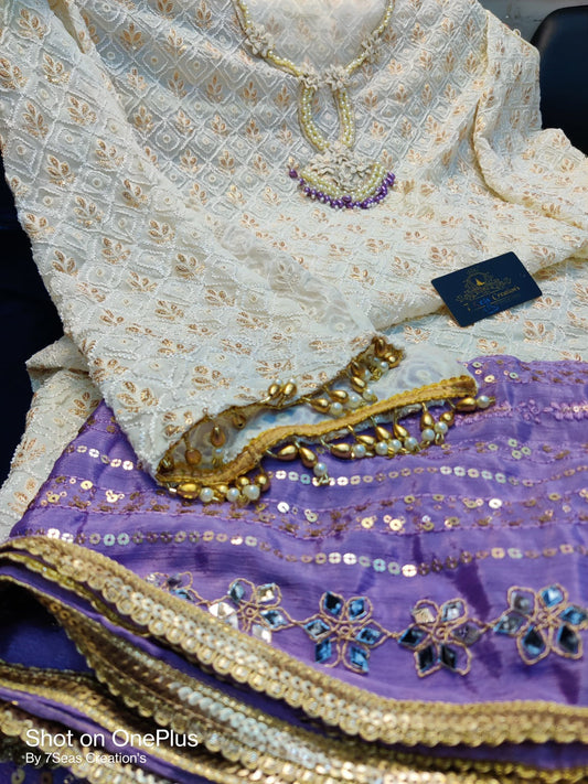 Purple Pearl-Embroidered Georgette Ensemble (Premium Quality) + Sizes Upto 50 (Copy)