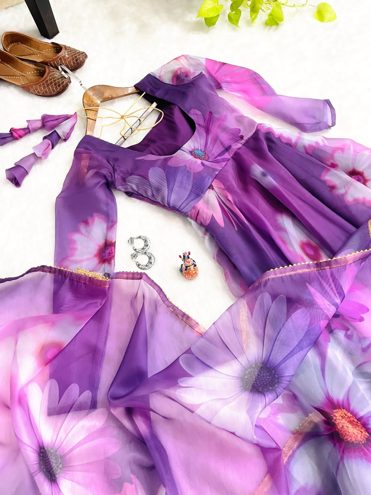 Purple 🌟 Opulent Organza Silk Gown with Digital Print and Handwork 🌟