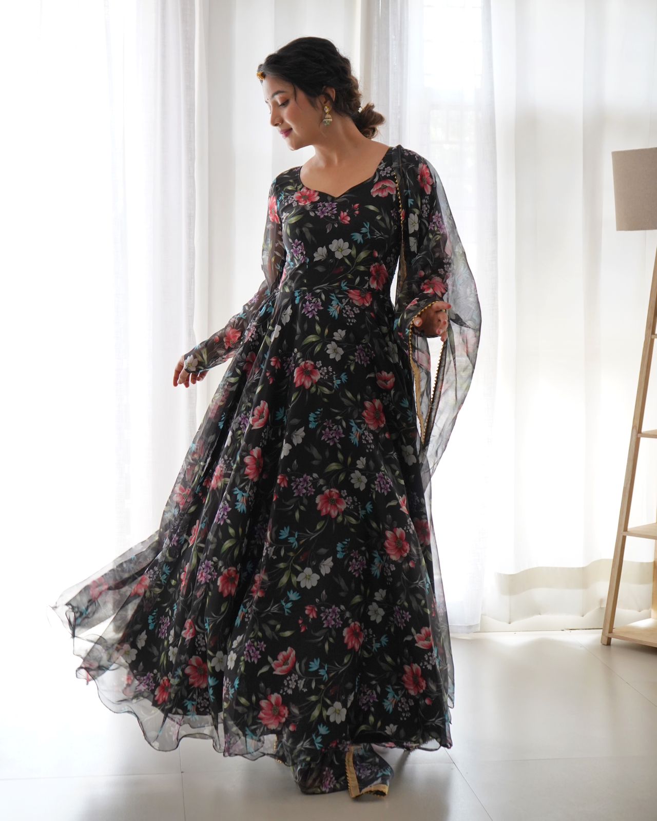 Midnight Blooms Black Floral Organza Taby Silk Gown with Dupatta