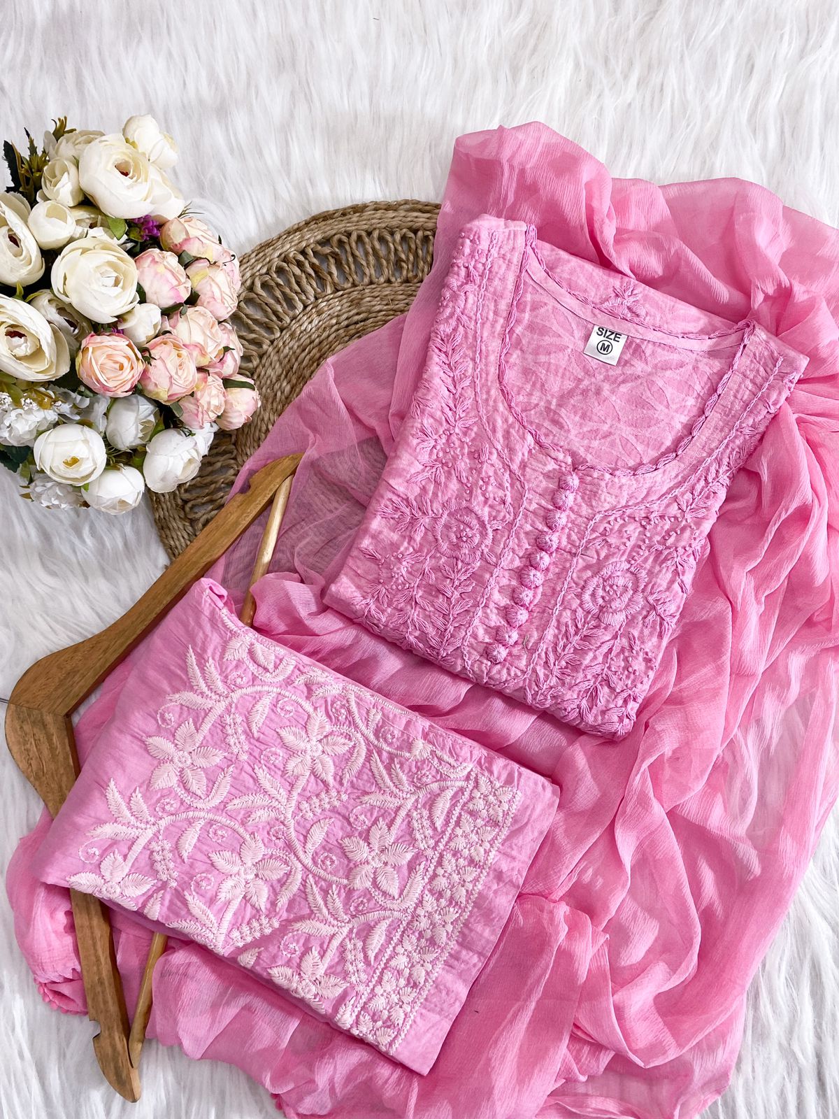 Pink Color Aurora Breeze Brasso Chikankari Cotton Ensemble 3 Pc Set