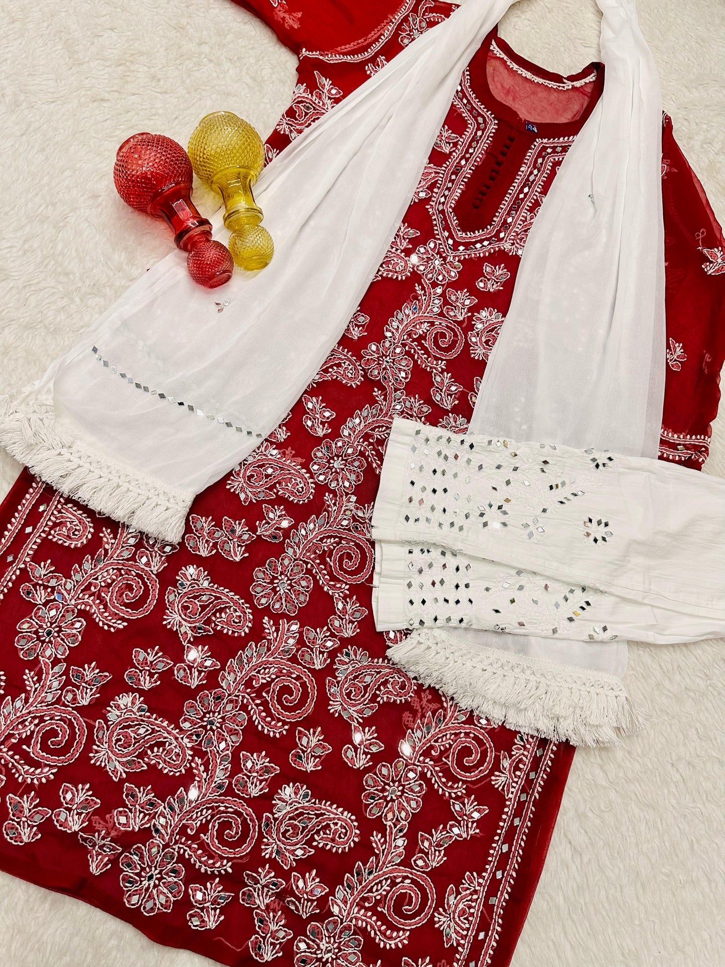 Maroon Lucknawi Georgette Chikankari Mirror Phool Bel 3 pc Set