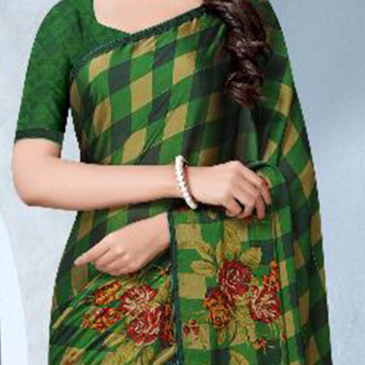 Adorning Green Colored Partywear Checkered Printed Chiffon Saree