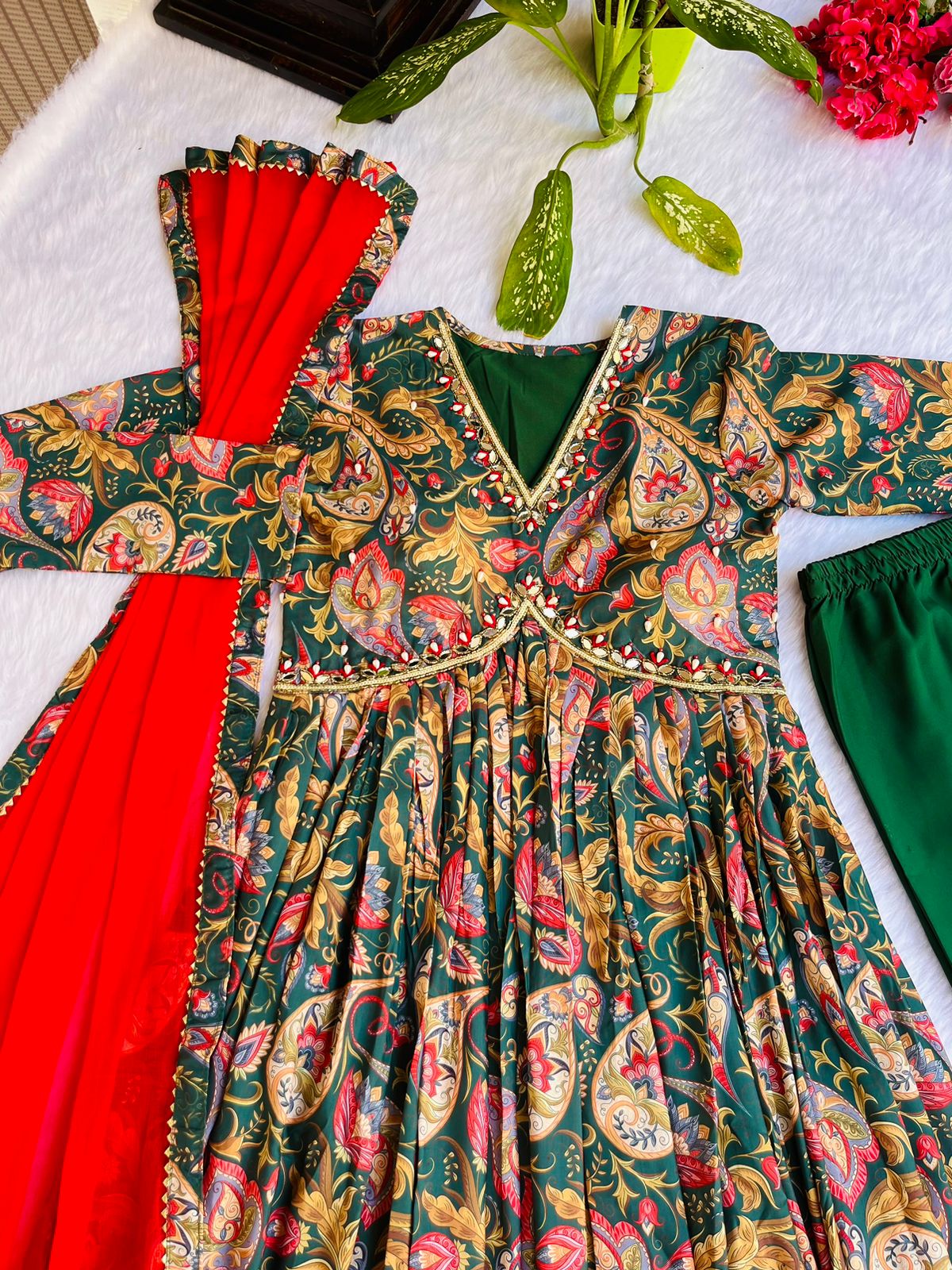 Green Red Boho Floral Special: Aliya Cut Dresses with Dupatta and Pant! 🌺🌺