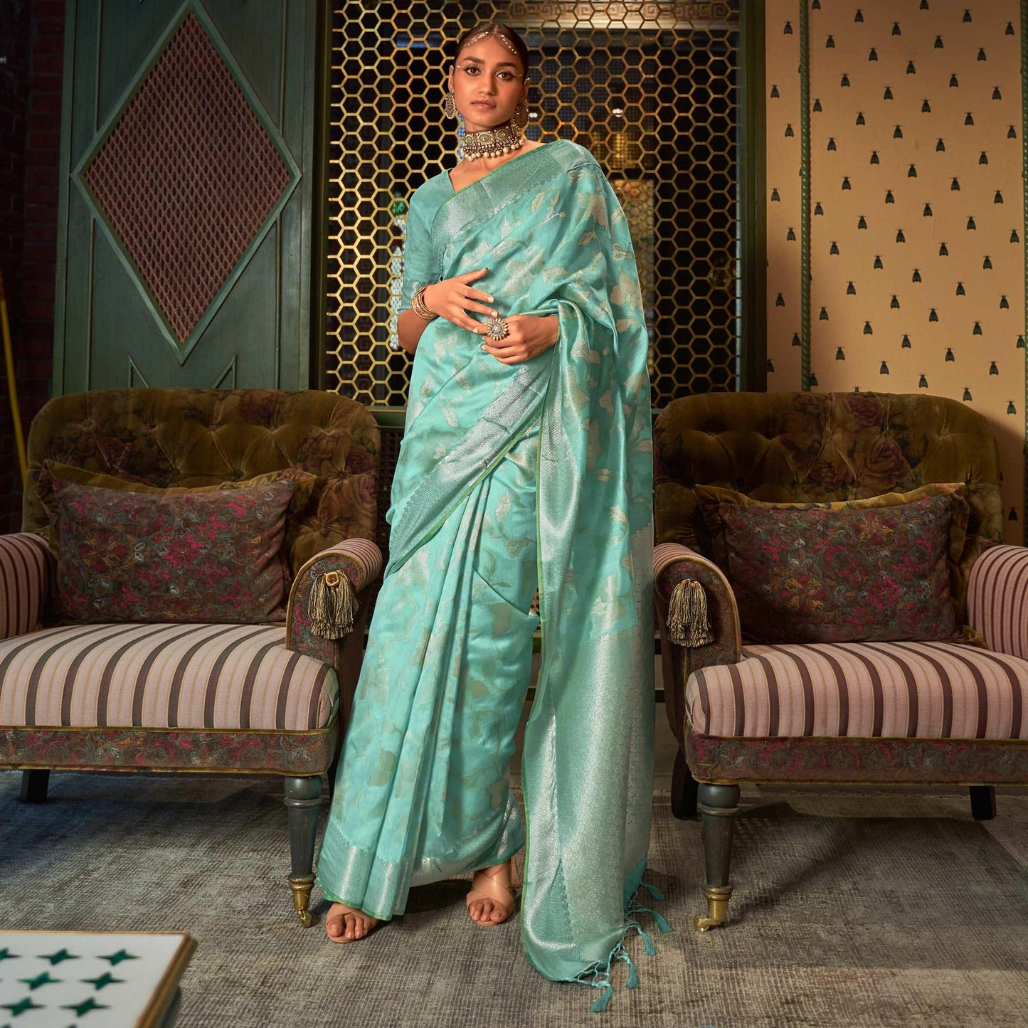 Aqua Blue Woven Art Silk Saree