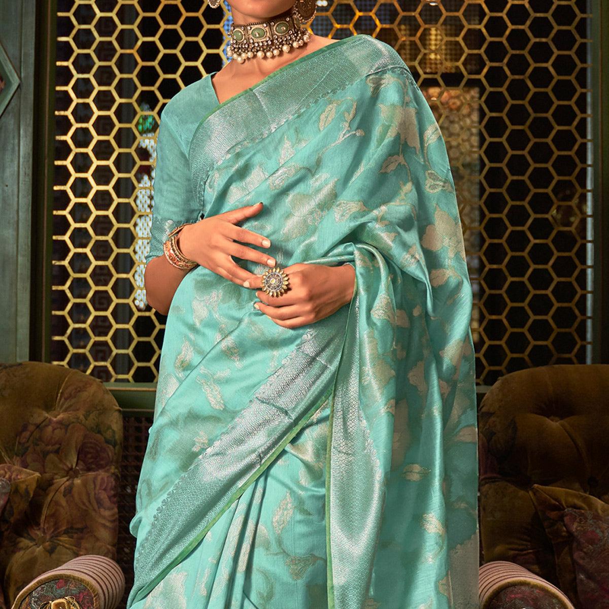 Aqua Blue Woven Art Silk Saree