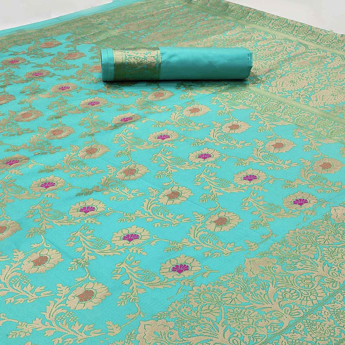 Aqua Blue Woven Banarasi Silk Saree