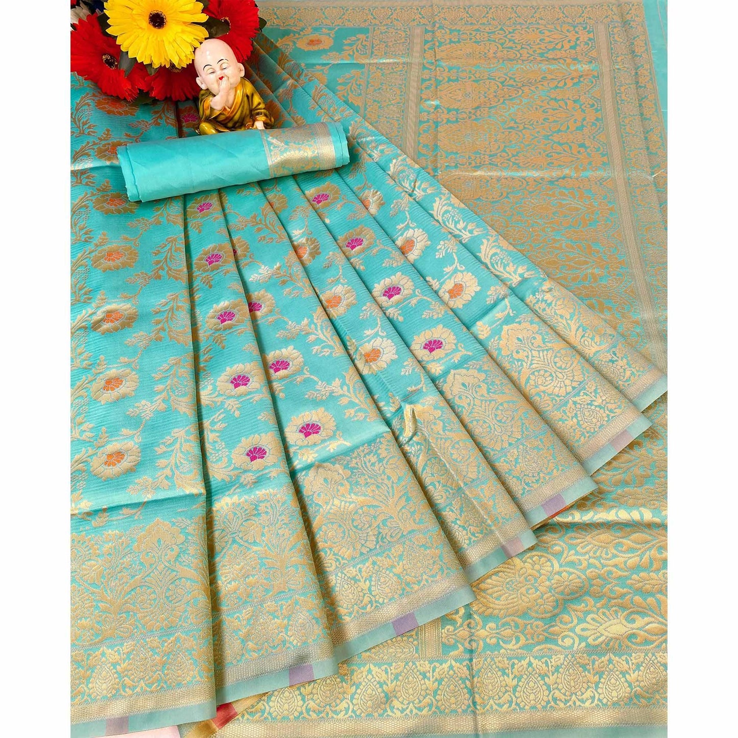 Aqua Blue Woven Banarasi Silk Saree