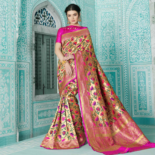 Arresting Golden-Pink Colored Festive Wear Woven Paithani Banarasi Silk Saree