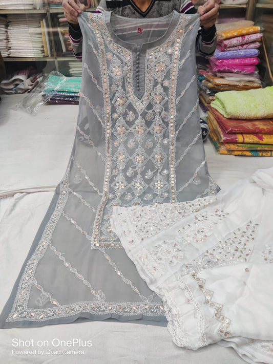 Grey Chikankari Gota Patti Chiffon Ensemble (INNER INCLUDED)