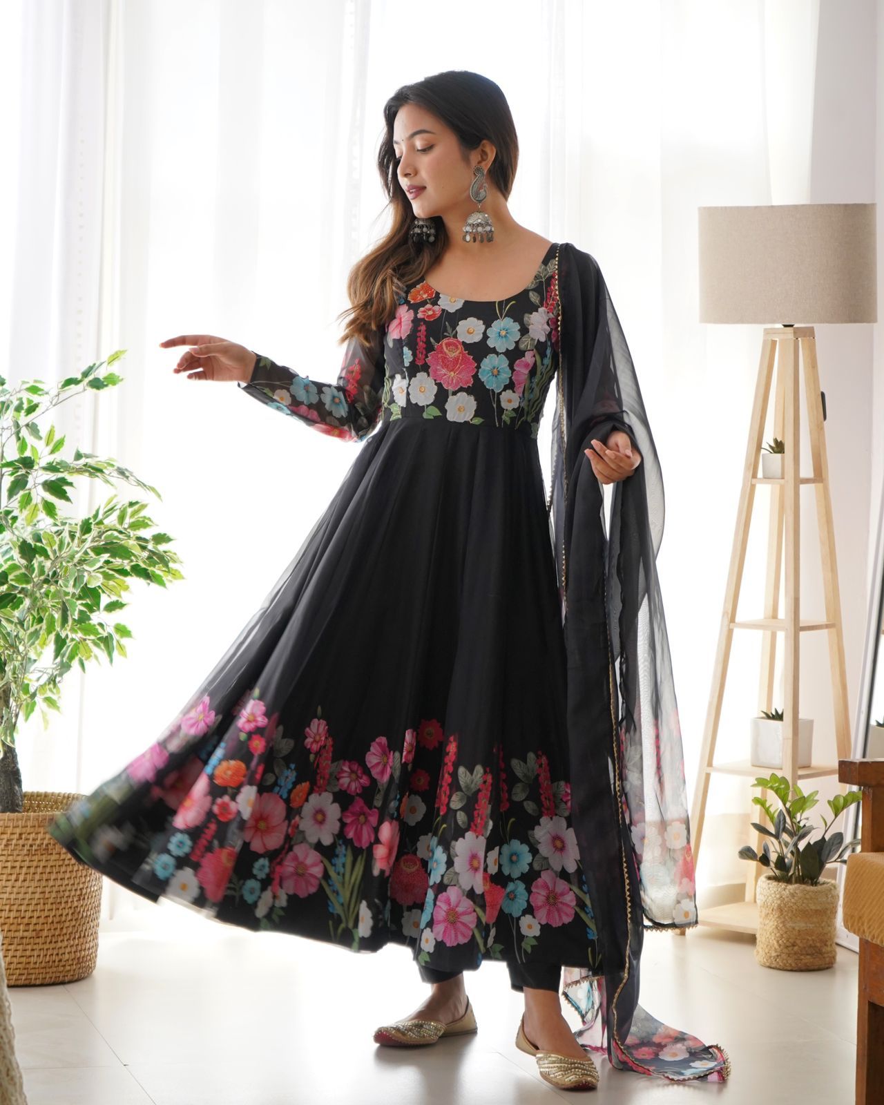 Black Floral Elegance Pure Soft Organza Silk Anarkali Set