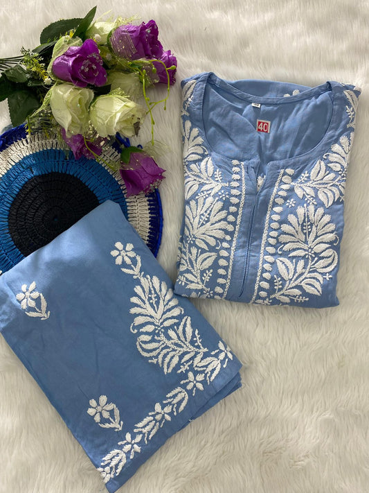 Blue Chic Chikankari Rayon Kurti and Palazzo Set