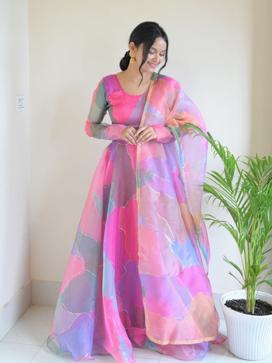 Pink Elegant Organza Silk Gown with Digital Print and Handwork