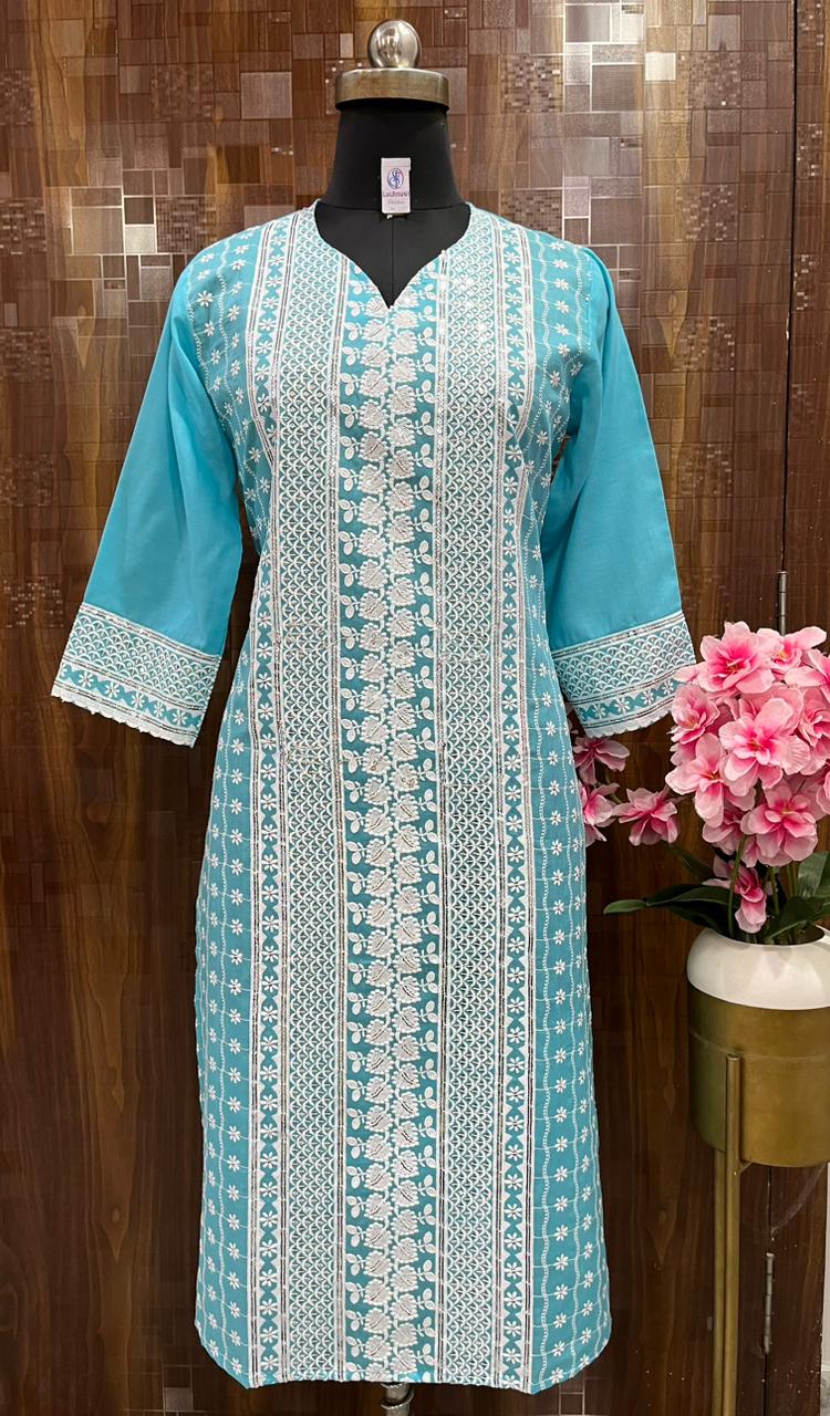 Blue Sparkling Sequins Cotton Hakoba Kurti Set