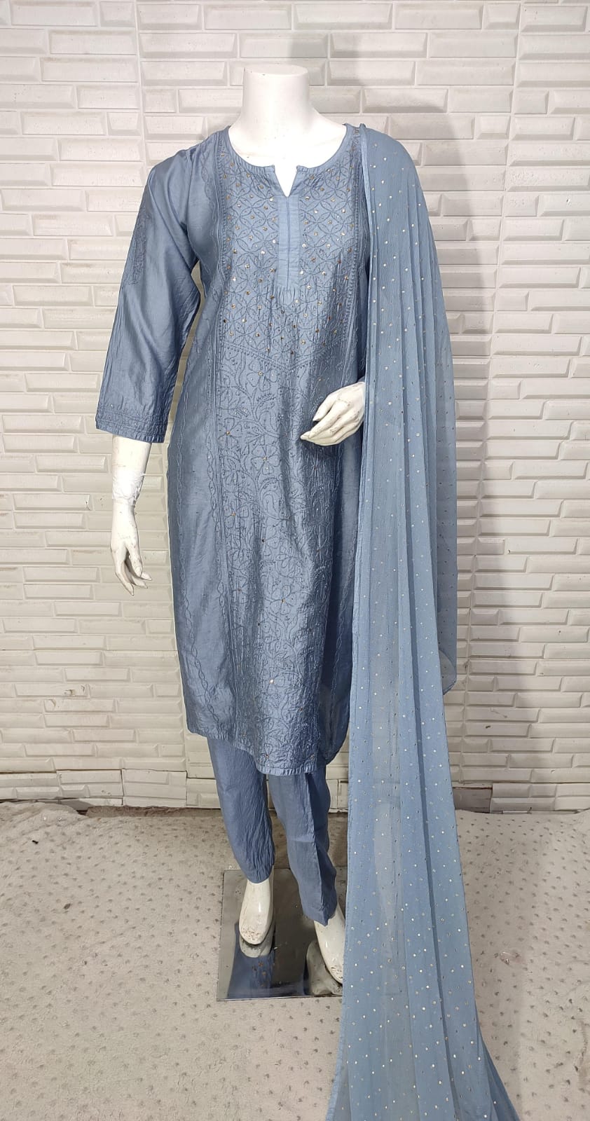 Greyish Blue Chikankari Elegance: Modaal Chanderi Cutdana Ensemble