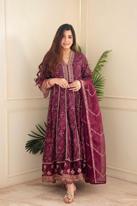 Wine Regal Elegance: Heavy Reyon Mill Foil Print Suit Set with Lace Dupatta