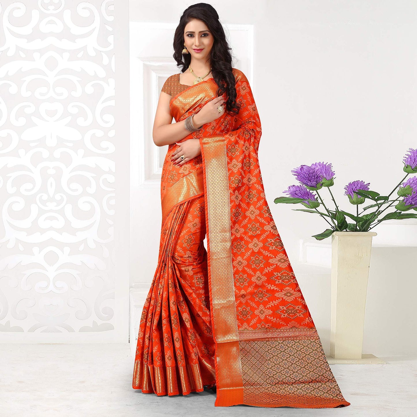 Beautiful Orange Colored Festive Wear Woven Silk Saree