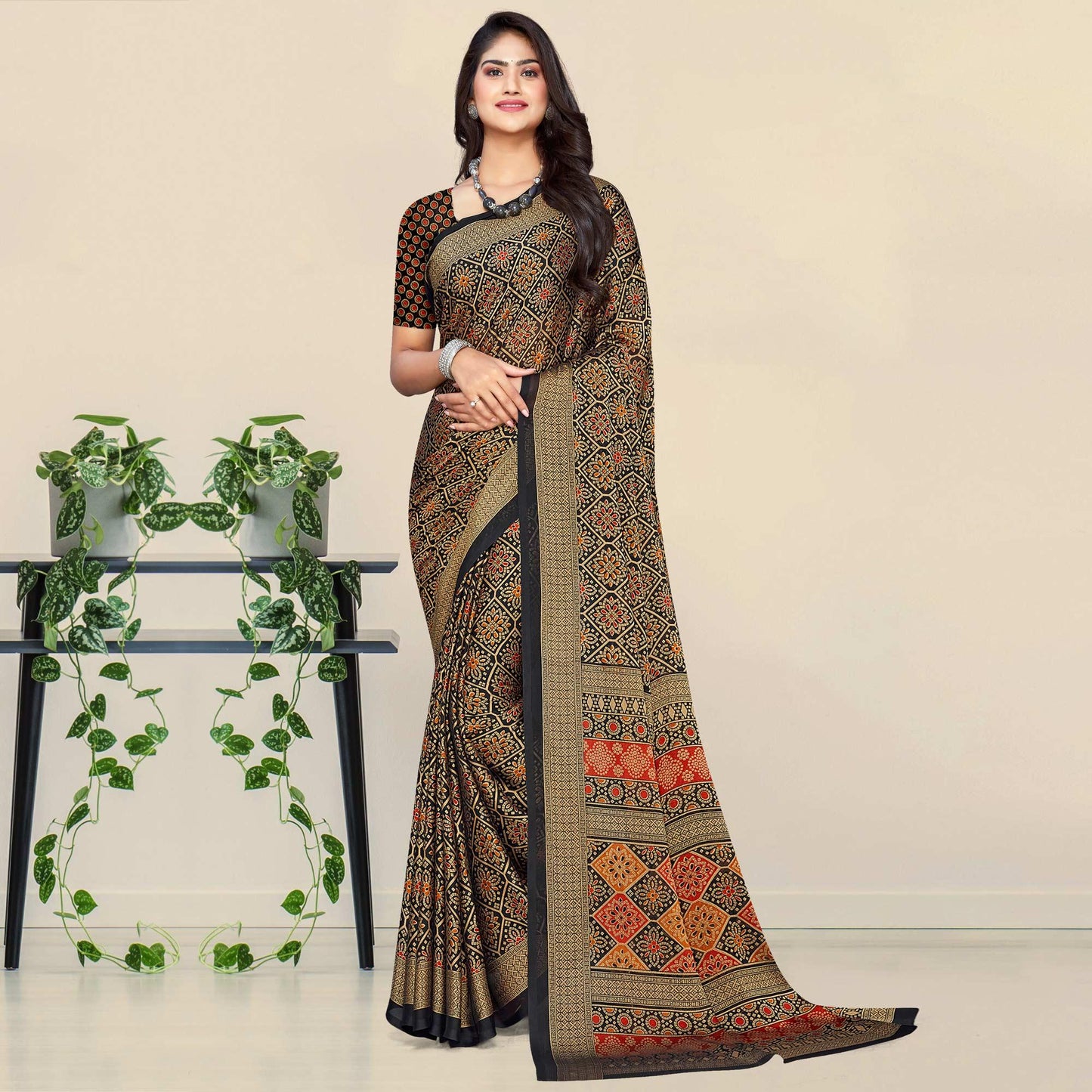 Black Bandhani Printed Chiffon Saree