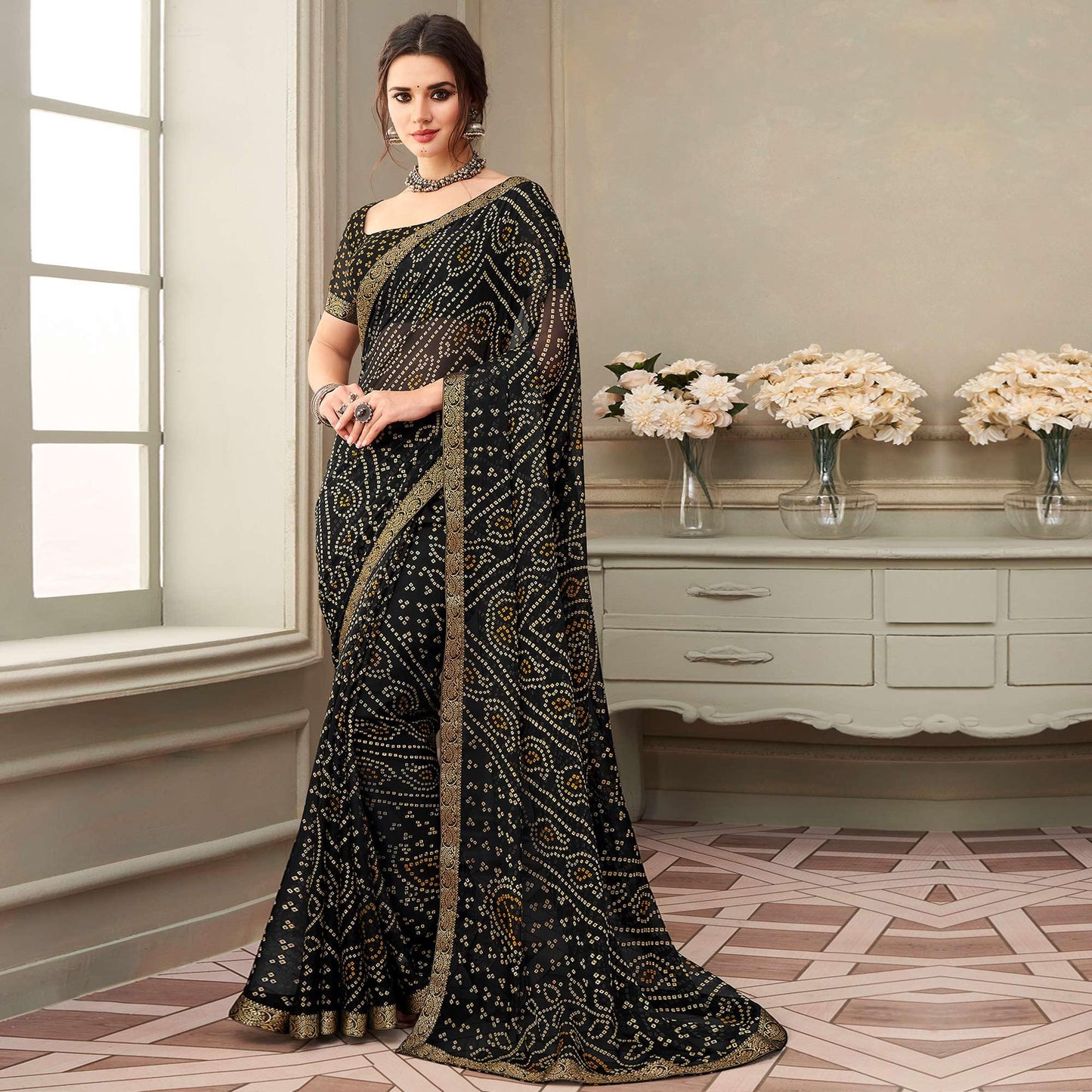 Black Printed Chiffon Saree with Banarasi Border