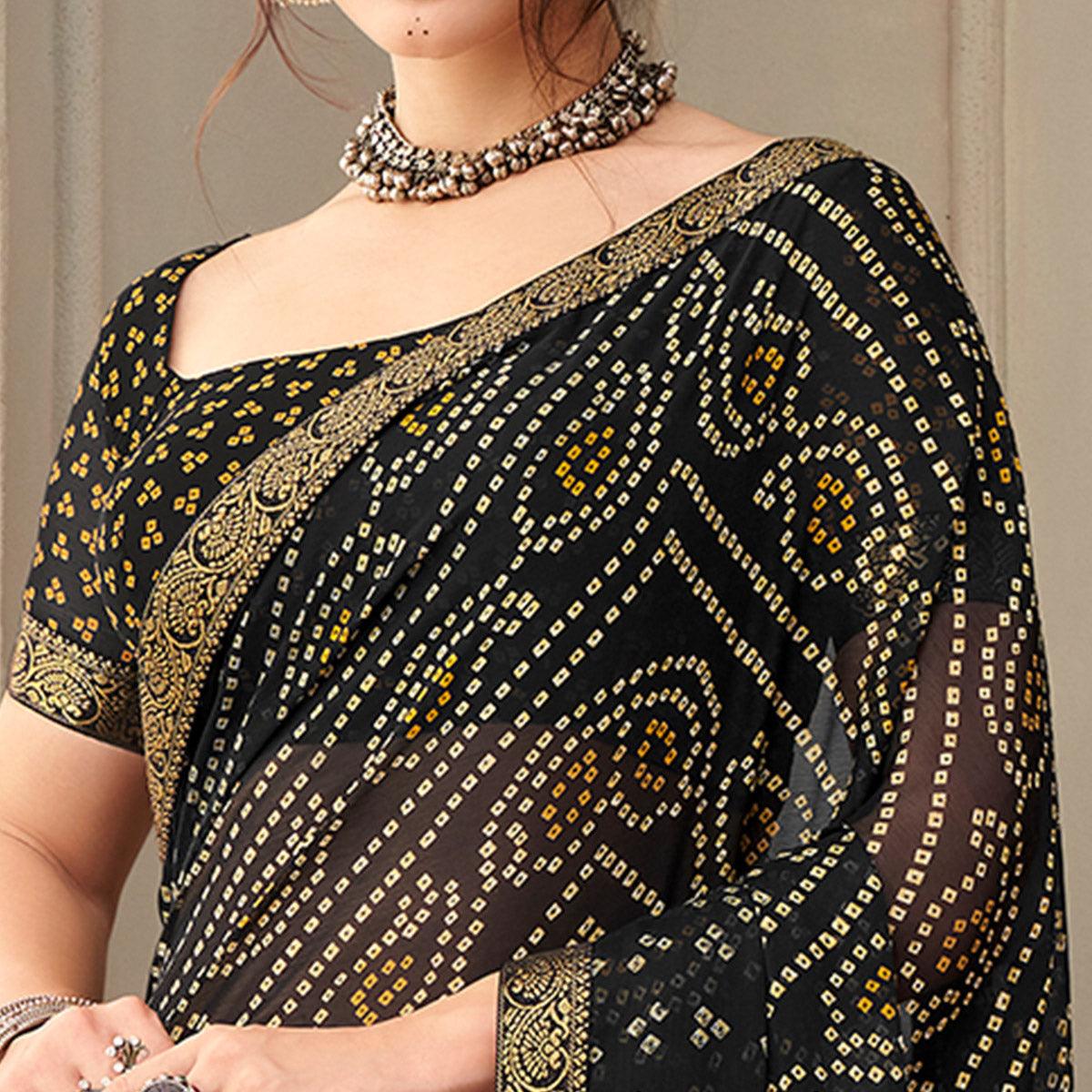 Black Printed Chiffon Saree with Banarasi Border