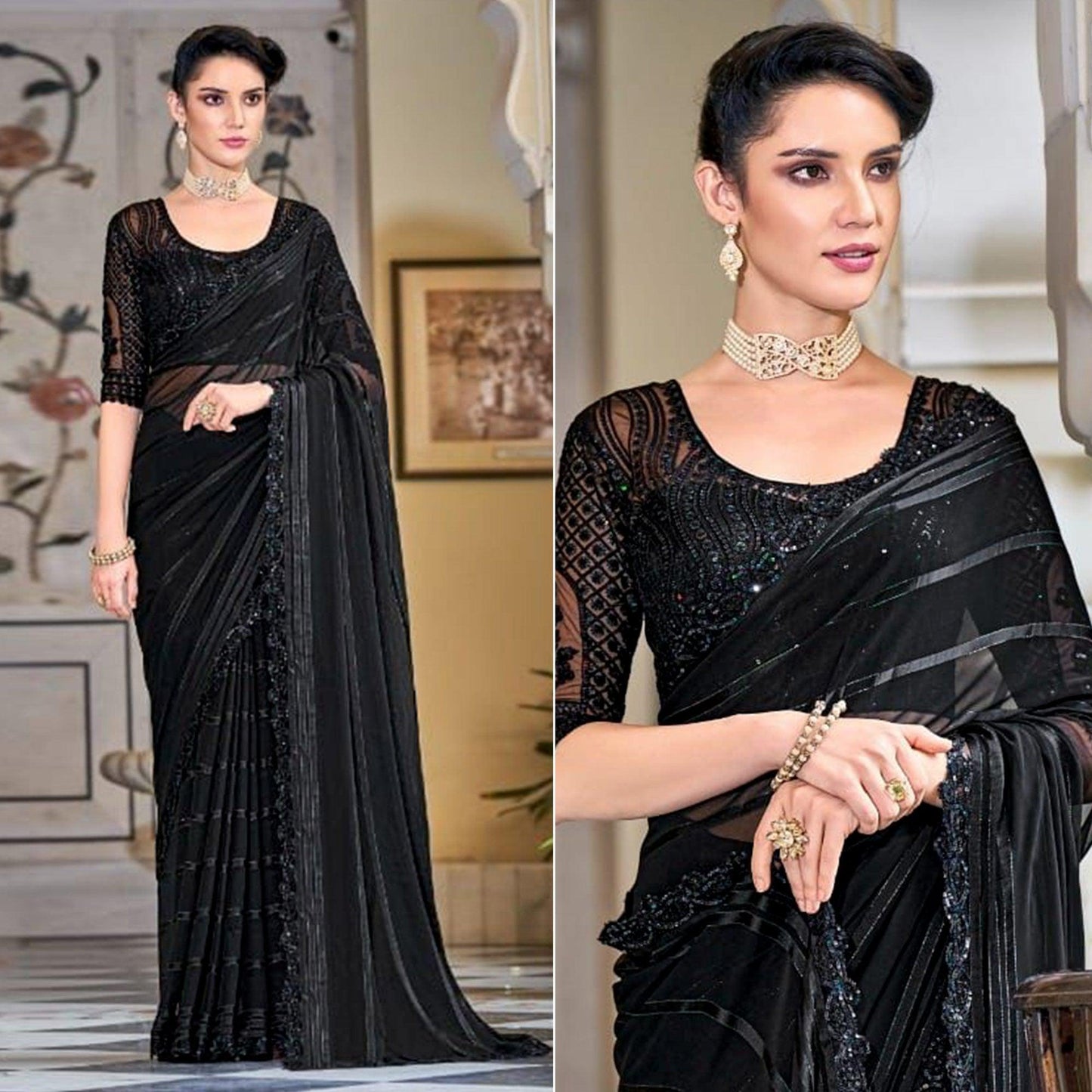 Black Zari Striped Art Silk Saree