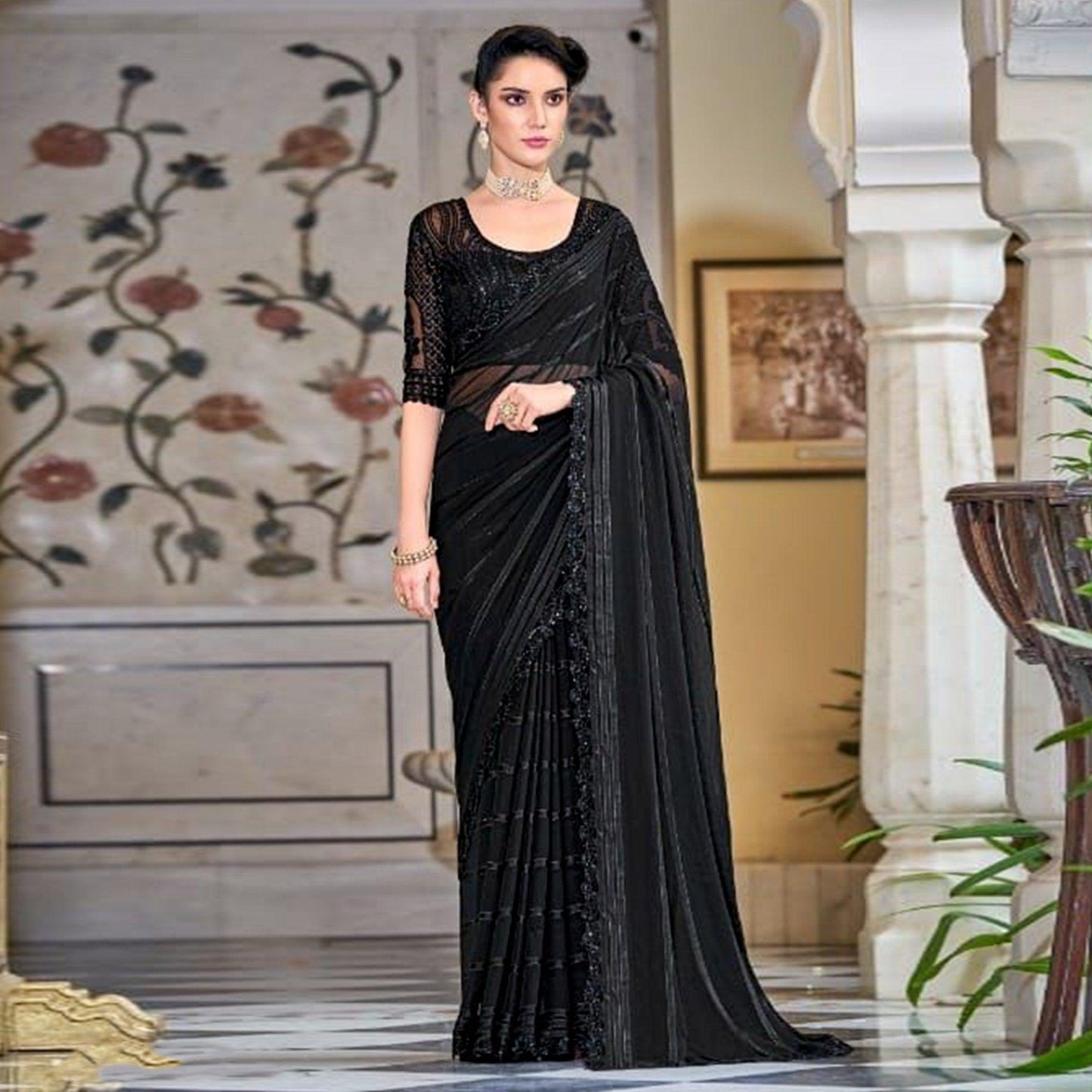 Black Zari Striped Art Silk Saree