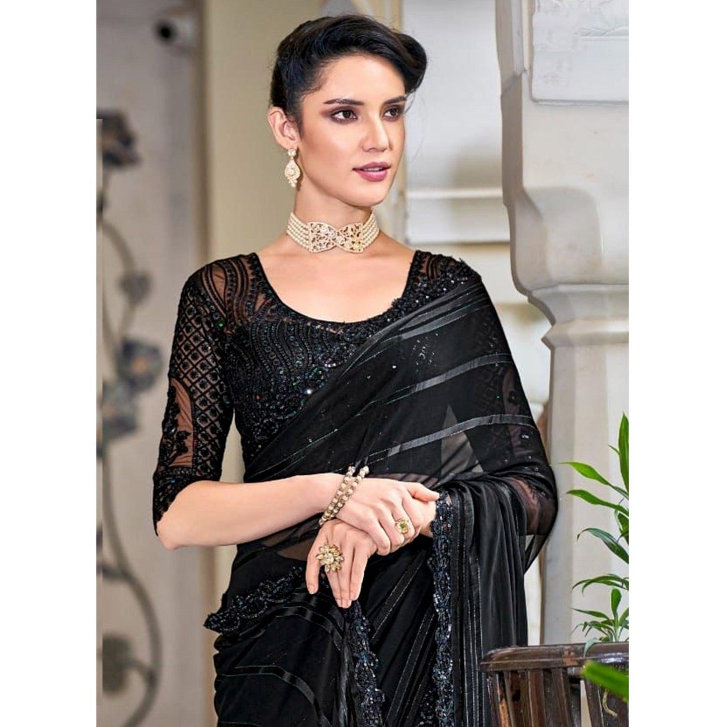 Black Zari Striped Art Silk Saree