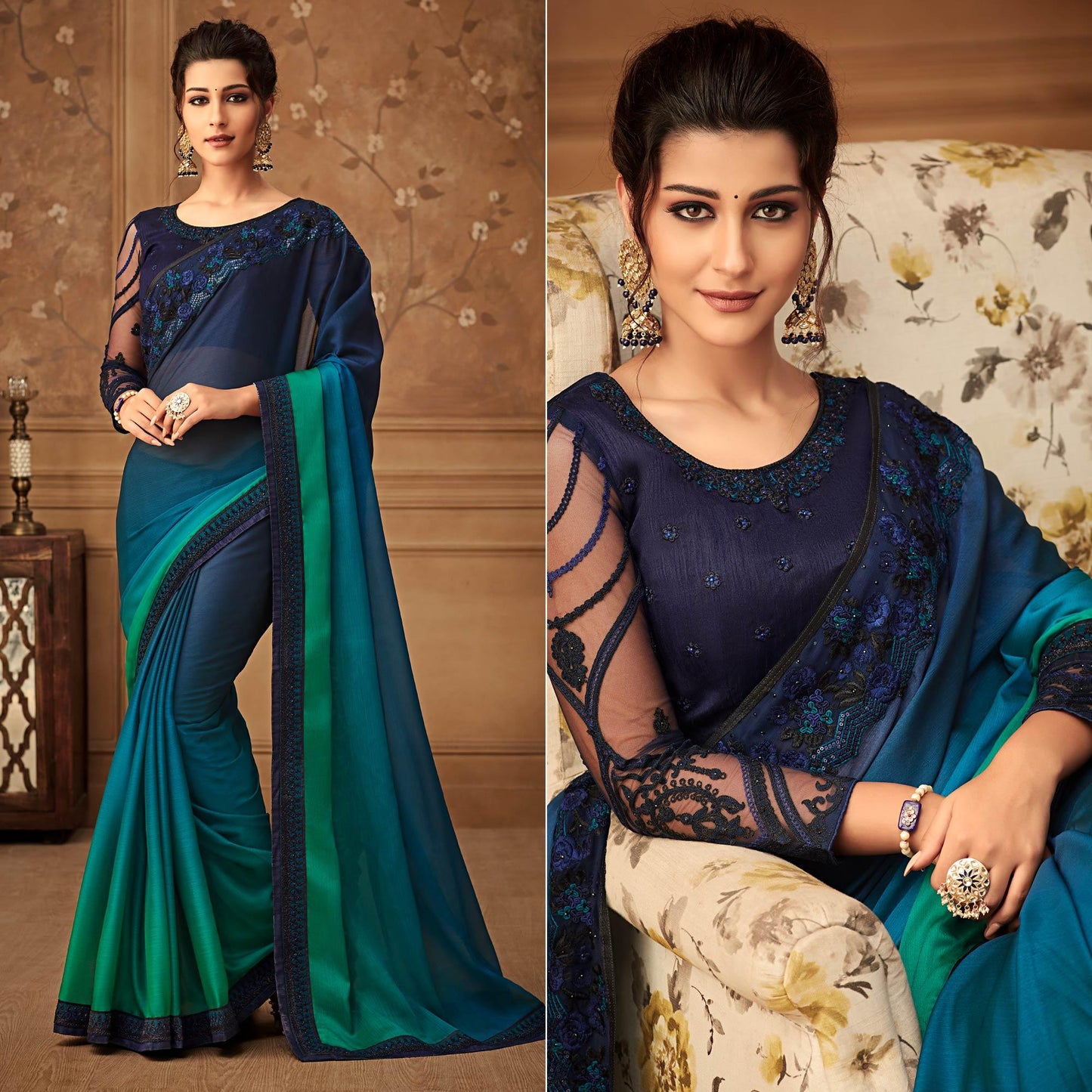 Blue & Green Floral Sequins Embroidered Chiffon Saree