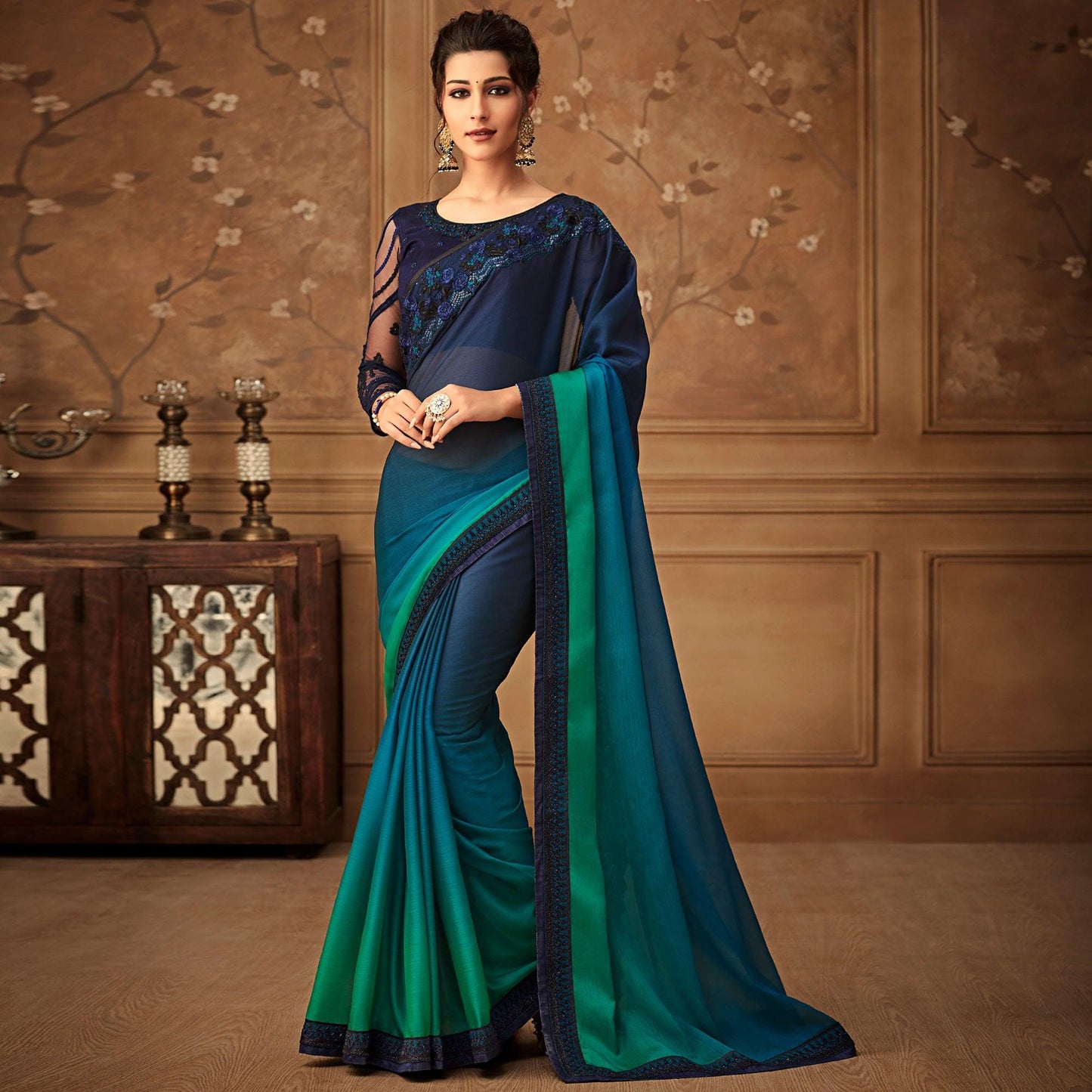 Blue & Green Floral Sequins Embroidered Chiffon Saree