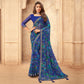 Blue Casual Wear Floral Printed with Tassels Chiffon Saree