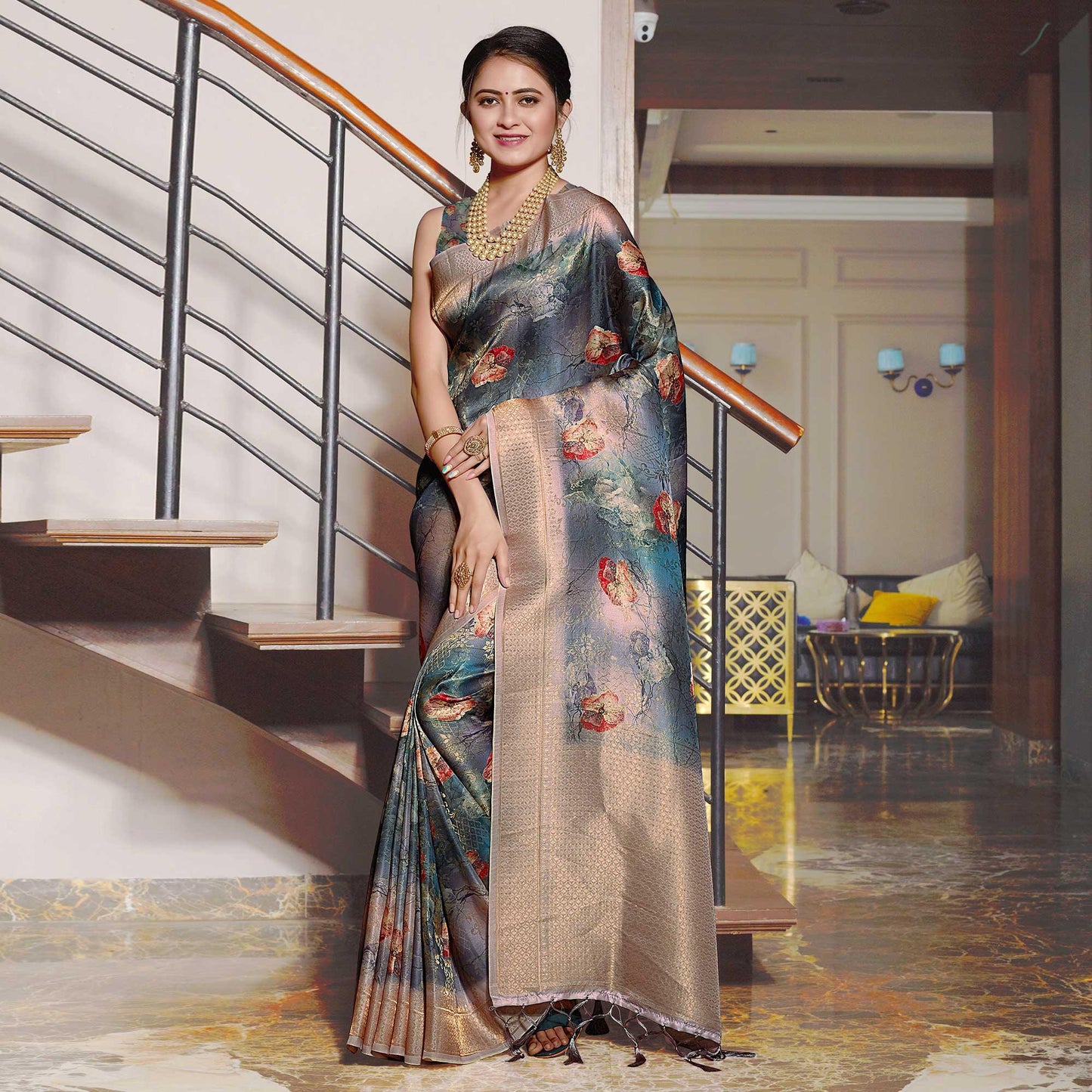 Blue Digital Printed With Woven Art Silk Saree With Tassels