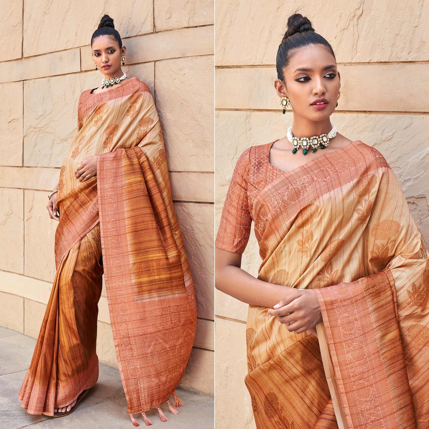 Brown Floral Woven Art Silk Saree