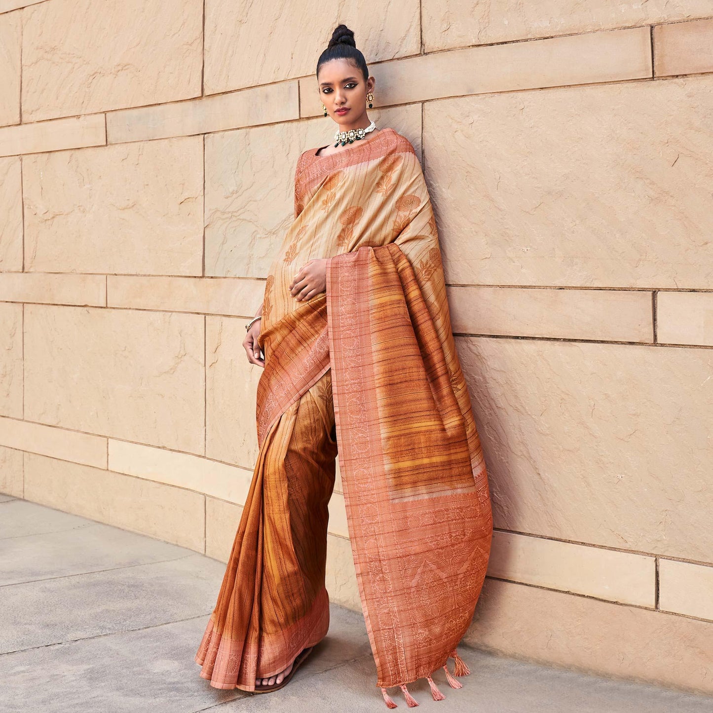 Brown Floral Woven Art Silk Saree