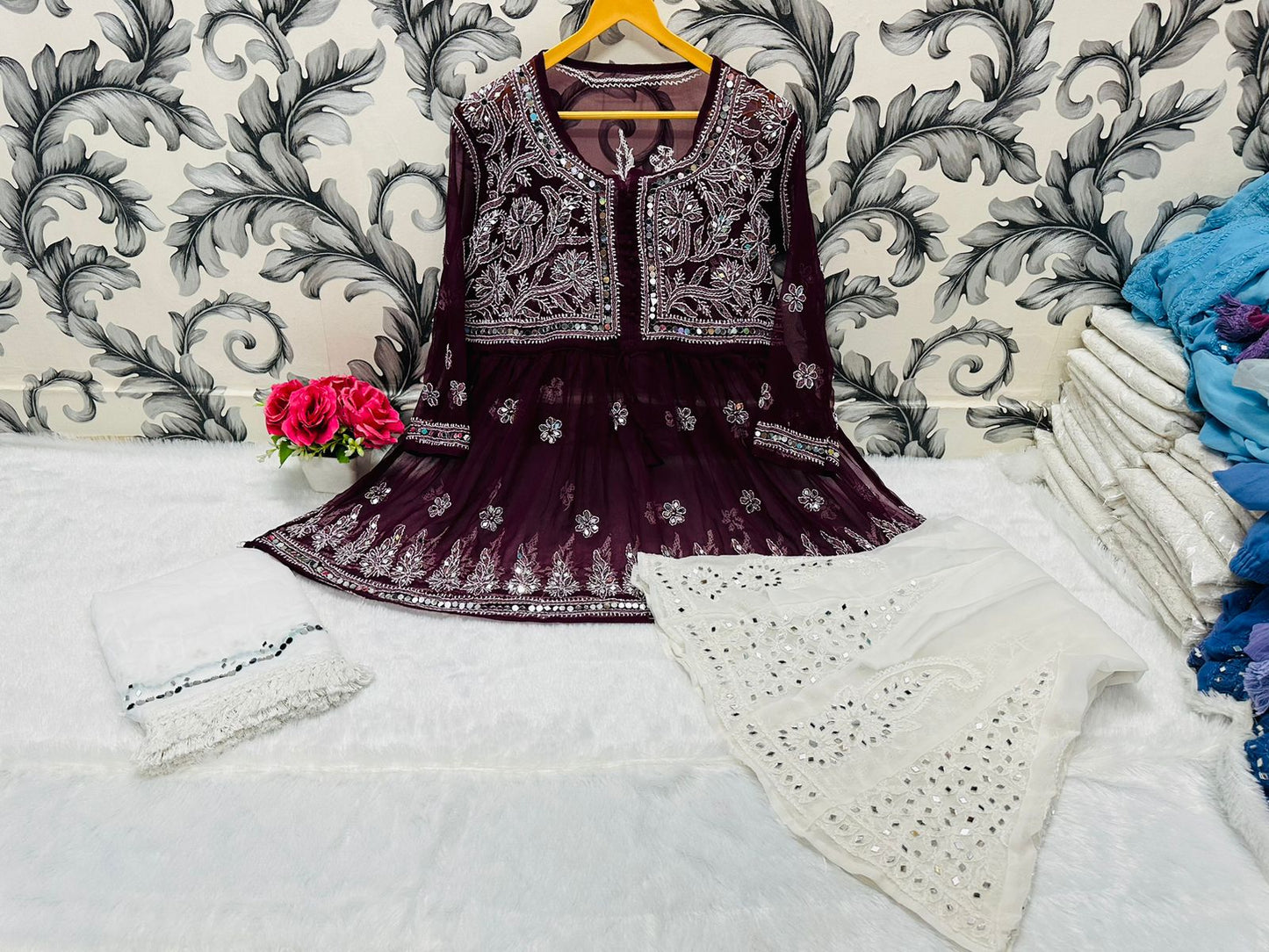 Wine Glimmering Georgette Mirror Work Short Gown, Dupatta, and Sharara Full Combo Set (INNER INCLUDED)