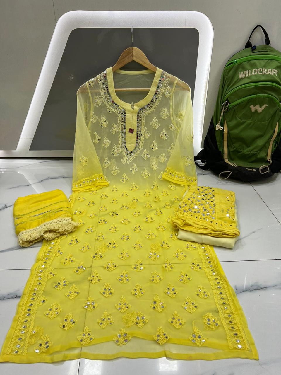 Yellow Chikankari Elegance Ombré Mirror Booti Jaal Set - Kurti, Sharara & Dupatta -(Inner Included)