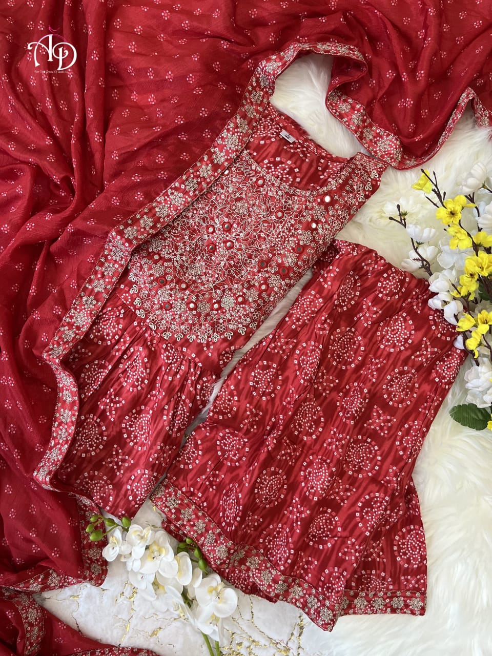 Ravishing Red Rayon Sharara Set: Intricate Heavy Mirror Embroidery