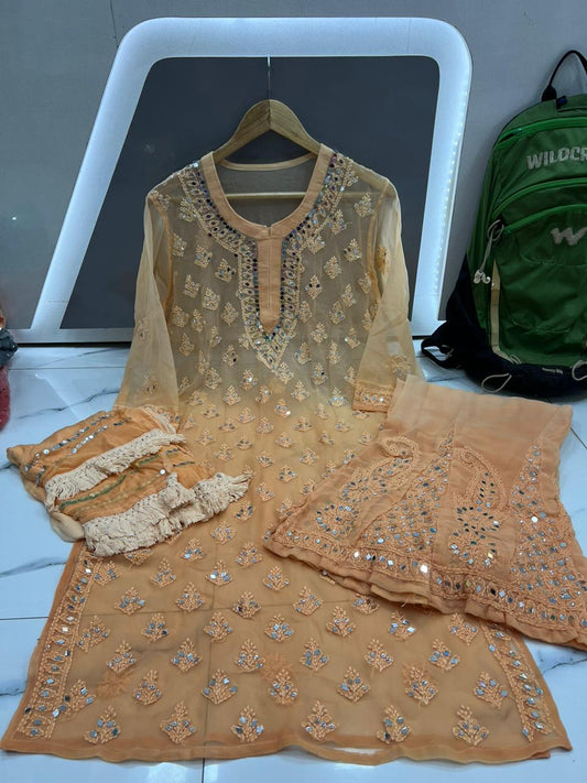 Light Brown Chikankari Elegance Ombré Mirror Booti Jaal Set - Kurti, Sharara & Dupatta -(Inner Included)