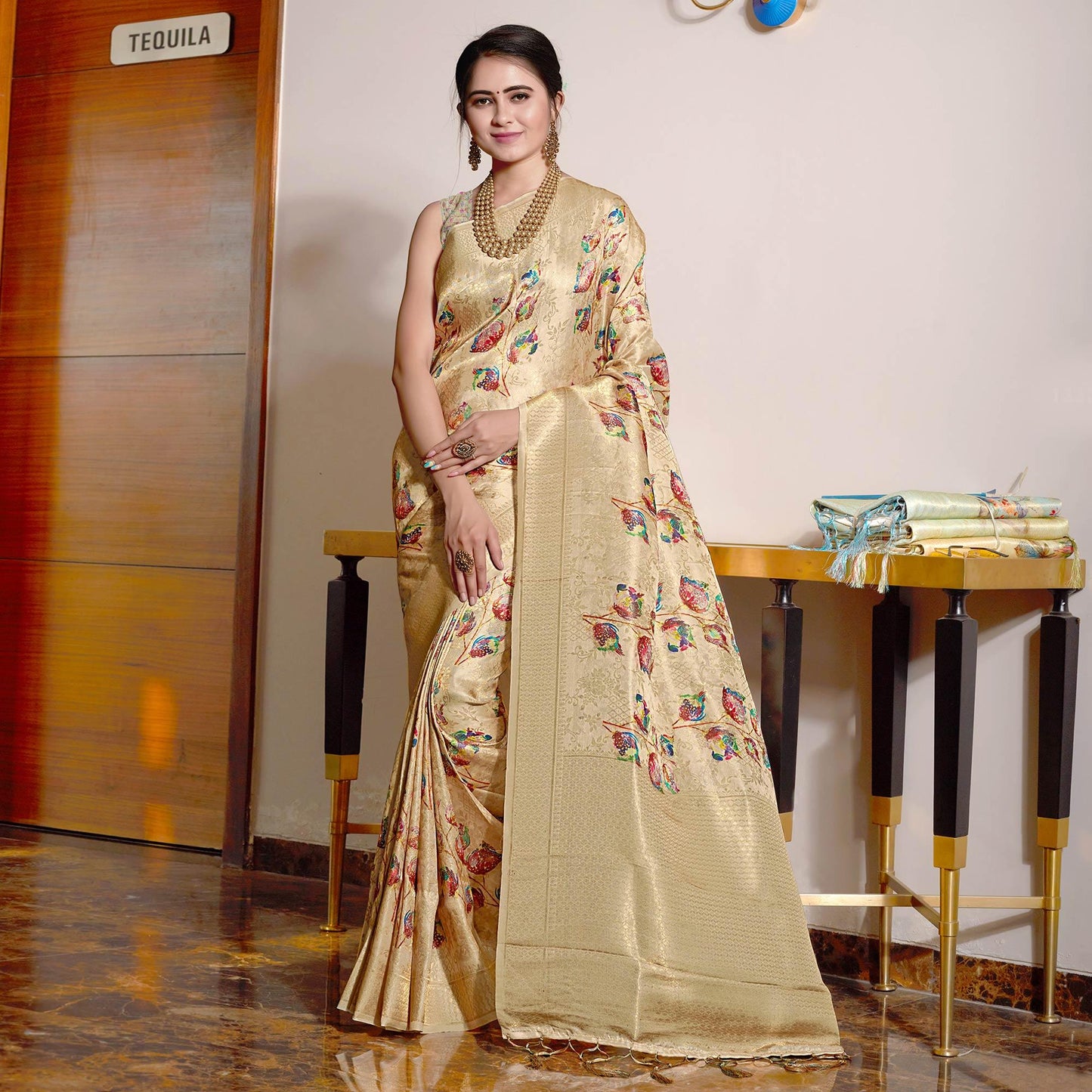 Cream Digital Printed With Woven Art Silk Saree With Tassels