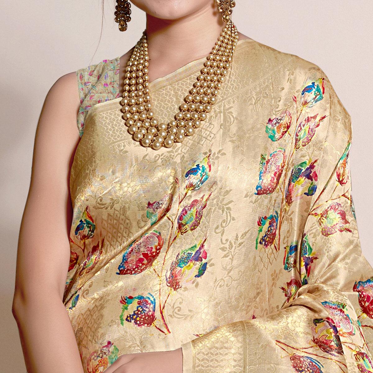 Cream Digital Printed With Woven Art Silk Saree With Tassels