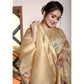 Cream Digital Printed With Woven Art Silk Saree With Tassels