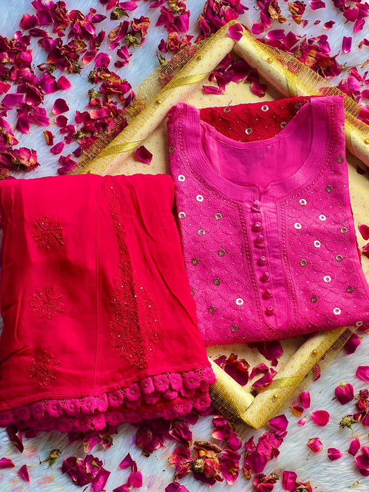 Bright Pink Luxe Viscose Ring Jall Kurti and Sharara Set (Made on Order)