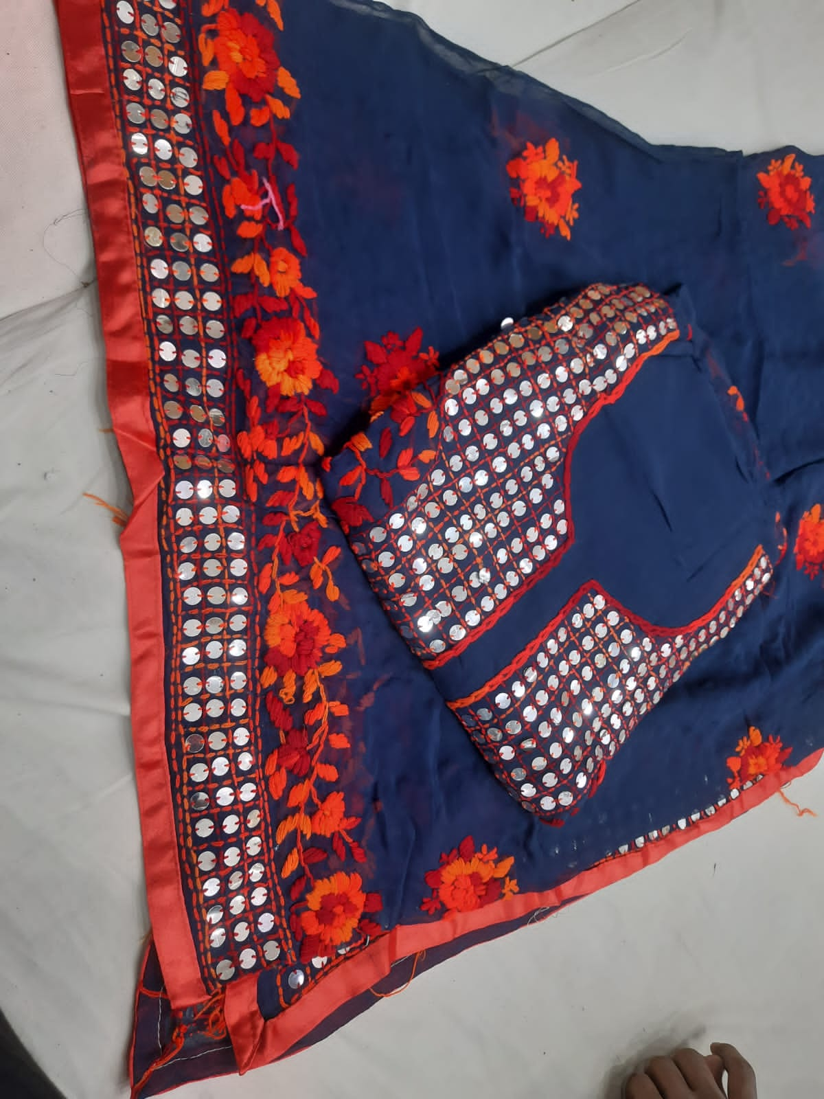 Navy Blue Vibrant Kantha Radiance: Georgette Suit Set with Pant and Dupatta (Premium)