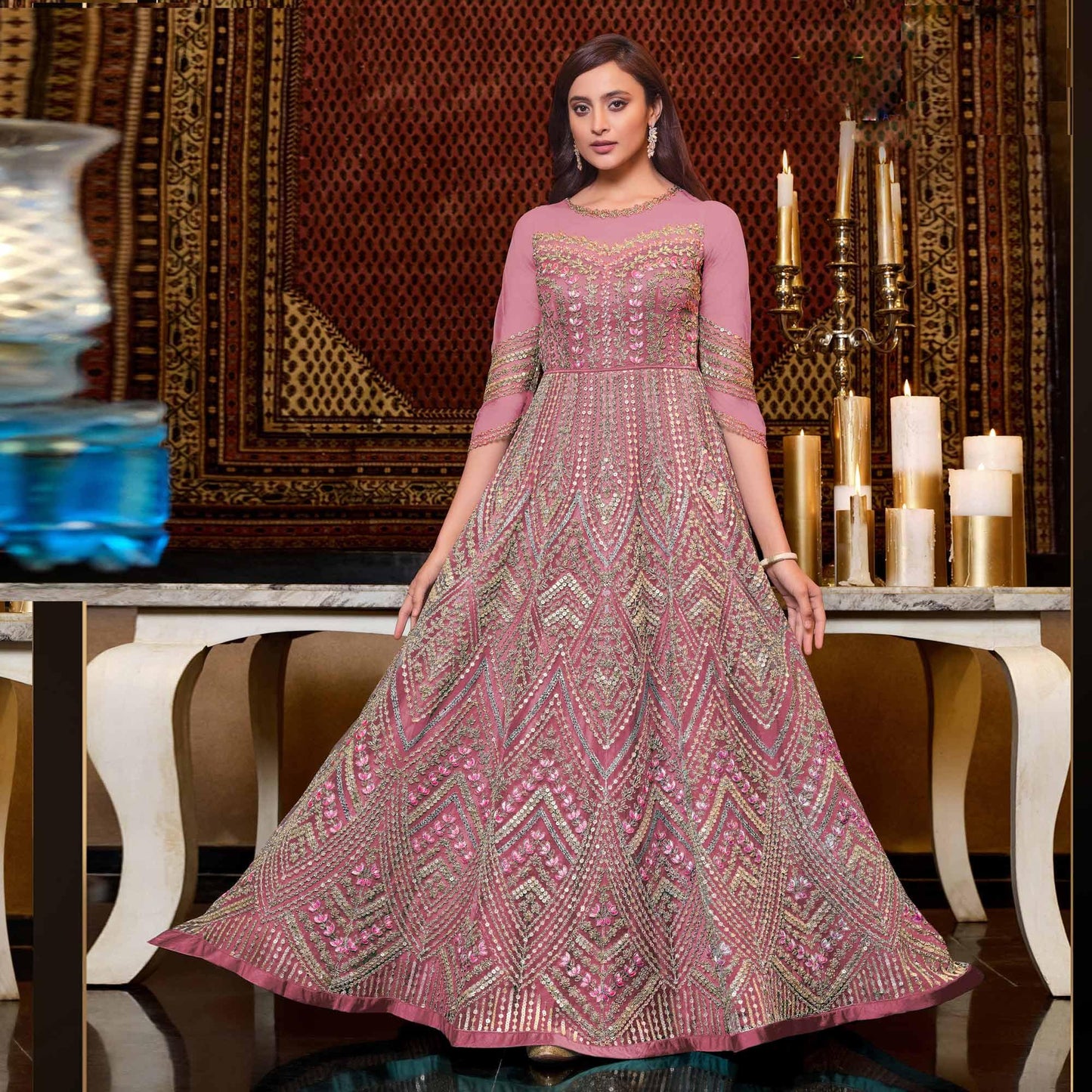 Dark Pink Designer Partywear Embroidered Heavy Net Anarakali Suit