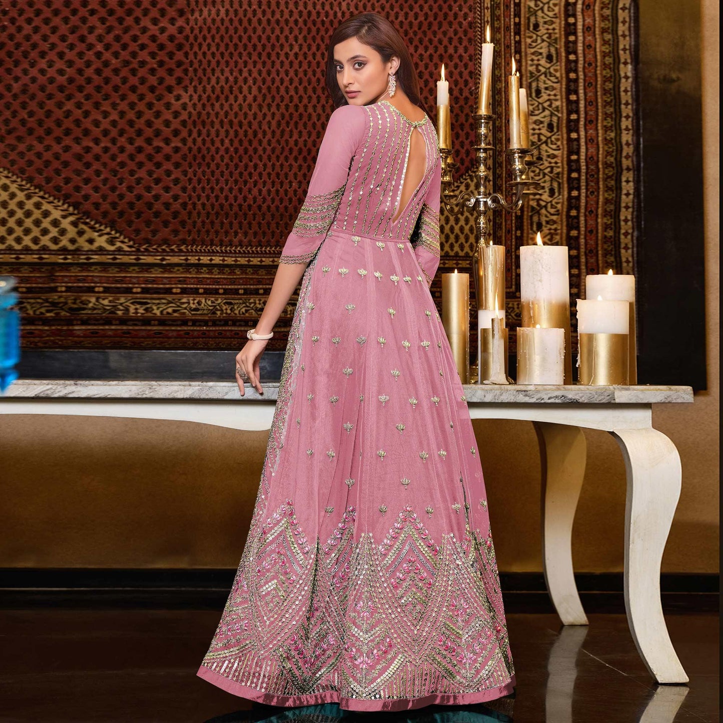 Dark Pink Designer Partywear Embroidered Heavy Net Anarakali Suit