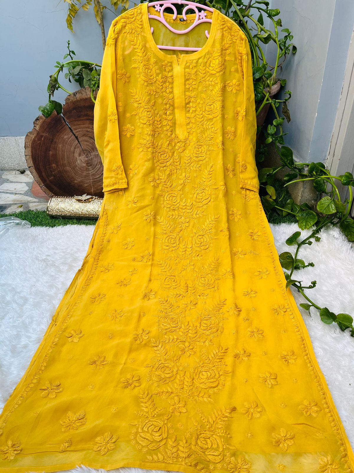 Yellow Rose Garden: 3D Viscose Embroidered Kurti