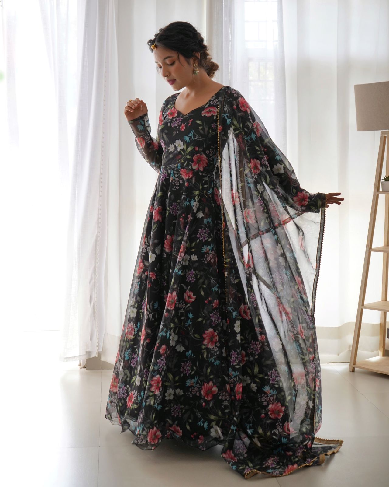 Midnight Blooms Black Floral Organza Taby Silk Gown with Dupatta