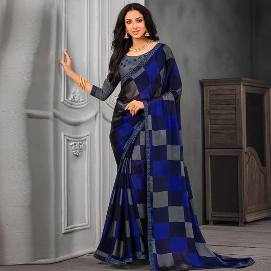 Desirable Blue Colored Partywear Printed Chiffon Saree