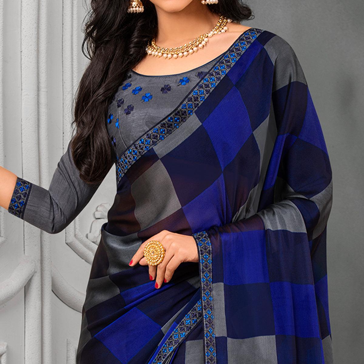 Desirable Blue Colored Partywear Printed Chiffon Saree