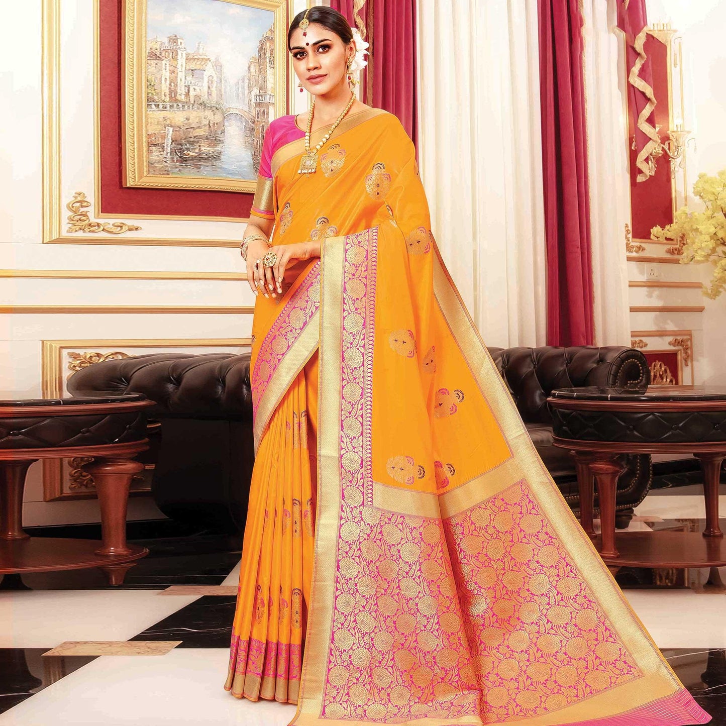 Desirable Mustard Yellow Colored Festive Wear Woven Banarasi Silk Saree